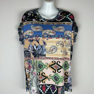 JOHNNY WAS Viscose Bamboo Floral AbstracT Cap Sleeve Top Blouse